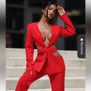 V-neck sexy fashion two piece long sleeve hollow out Blazer top and Pants suit